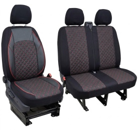Set huse scaune auto compatibile VW CRAFTER 2006-2017 2+1, piele ecologica cu textil, negru cusatura rosie, Lichidare stoc!