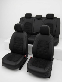 Set huse scaune auto, dedicate Audi A6 C7 2011-2018, piele ecologica cu textil, negru cu negru, Lichidare stoc!