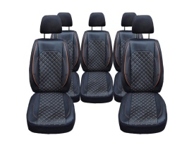 Set huse scaune auto, dedicate VW Touran 2003-2010, 5 locuri individuale, piele ecologica neagra si cusaturi maro in romb, Lichidare stoc!