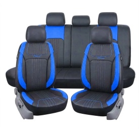 Set huse scaune auto piele ecologica negru cu albastru, universale, fata-spate - Img 2