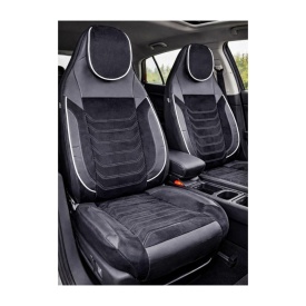 Set huse scaune auto premium universale, fata-spate, piele ecologica si alcantara, model C509, culoare negru cu cusatura alba