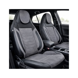 Set huse scaune auto premium universale, fata-spate, piele ecologica si alcantara, model C509, culoare negru cu gri