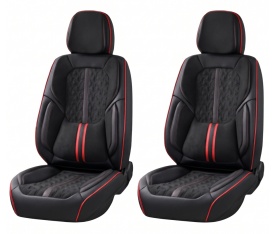 Set huse scaune auto premium universale, fata-spate, piele ecologica si material textil pe mijloc, culoare negru cu rosu si dunga rosie - Img 2