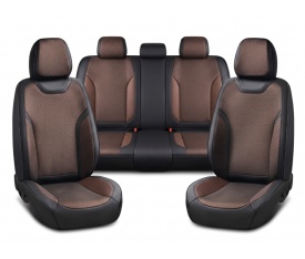 Set huse scaune auto premium universale, fata-spate, piele ecologica si material textil, culoare negru cu maro