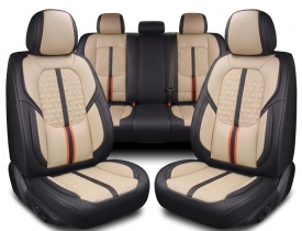 Set huse scaune auto premium universale, fata-spate, piele ecologica, culoare negru cu bej