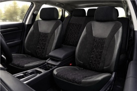 Set huse scaune auto universale de lux, fata-spate, piele ecologica si alcantara, culoare negru cu gri - Img 6