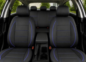 Set huse scaune auto universale de lux, fata-spate, piele ecologica, culoare negru cu dungi si cusaturi albastre