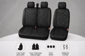 Set huse scaune auto, universale, fata 2+1, material piele ecologica, culoare negru cu cusaturi albe, model romb - Img 4