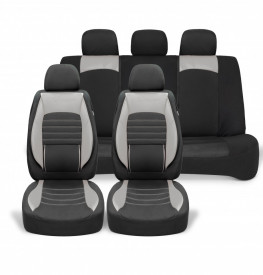 Set huse scaune auto universale, piele ecologica gri cu material textil negru, fata-spate - Img 1
