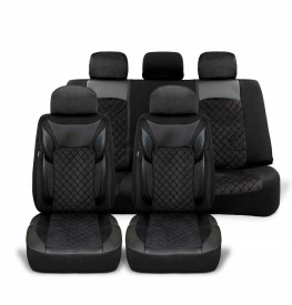 Set huse scaune auto universale, piele ecologica neagra cu material textil negru, fata-spate - Img 1
