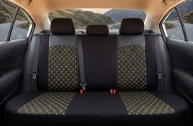 Set huse scaune auto universale, piele ecologica neagra cu material textil negru si cusaturi galbene, fata-spate - Img 4