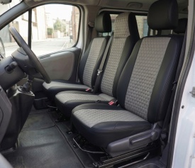 Set huse scaune autoutilitara 2+1 pentru fata culoare negru cu gri, piele ecologica compatibil cu Opel Vivaro 2014-2019 VAN