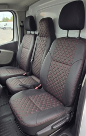 Set huse scaune autoutilitara 2+1 pentru fata culoare negru cu rosu, piele ecologica dedicate Opel Vivaro 2014-2019