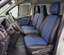 Set huse scaune autoutilitara 2+1 pentru fata culoare negru cu albastru, piele ecologica compatibil cu Renault Trafic 2014-2019 VAN