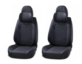 Set Huse Scaune Cu Perne Tetiera Auto, Universale, Lux, Piele Ecologica si Textil, Culoare Negru/Negru - Img 3