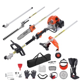 Unelte de tuns multifuncționale 6 in 1, trimmer de gard viu pe benzina, masina de taiat buruieni, trimmer cu fir, fierastrau cu lant, foarfeca cu drujba si tija extensibila