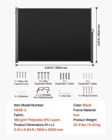 Copertina laterala retractabila, paravan lateral retractabil pentru terasa 180x300 cm cu tesstură din poliester 180 g/m², paravan de soare impermeabil, separator de camera pentru gradina, balcon, piscine, terasa, negru - Img 6