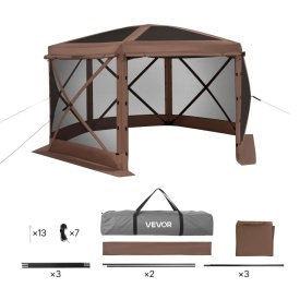 Cort de gradina, camping, evenimente, 6 laturi, 3,6 x 3,6 m, capac detasabil si geanta de transport, montare rapida, adapost solar pentru 8-10 persoane, curte, terasa, culoare maro