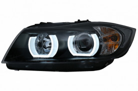 Faruri Halogen U-Led 3D Dual Halo Rims compatibil cu BMW Seria 3 E90 Limuzina E91 Touring (03.2005-08.2008) LHD Negru - Img 2