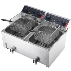 Friteuza electrica comerciala, dubla, capacitate ulei 14 L, friteuza de blat din otel inoxidabil de 5000W cu cosuri si capace, control temperatura, temporizator, protectie la supraincalzire, pentru restaurant si nu numai, culoare argintiu - Img 10