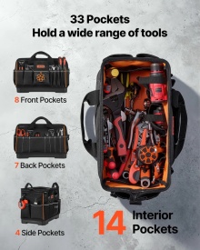 Geanta de scule, 410 mm, organizator de scule portabil cu 33 de buzunare, cu baza rezistentă la apa, fermoar mare, curea de umar reglabila - Img 6
