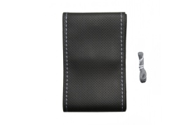 Husa auto volan, imitatie piele perforata neagra cu ac si ata gri inchis, diametru volan 38 cm