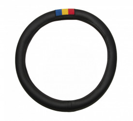 Husa volan imitatie piele perforata neagra cu steag ROMANIA diam. 45 - 46 cm, compatibil MERCEDES