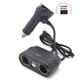Incarcator auto splitter bricheta cu afisaj, 12V-24V, 2 iesiri soket 12V + 2 iesiri USB, 120W