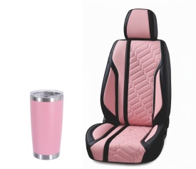 Pachet set huse scaune auto universale, piele ecologica negru cu roz si Pahar termic din otel inoxidabil cu capac, termos 600 ml, cu perete dublu, roz