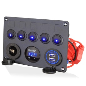 Panou cu 5 butoane auto cu LED, incastrabil, 12V-24V, 2 x USB 4.2A, priza bricheta 12V, si voltmetru - Img 1