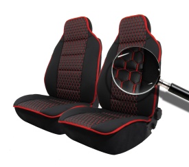 Set 2 Huse auto Scaune Fata 1+1 Universal, Material textil negru cu imitatie de piele neagra cu cusaturi rosii - Img 2