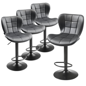 Set de 4 scaune de bar, scaune moderne din piele ecologica, scaun de bar rotativ pentru bucatarie cu spatar si suport pentru picioare, fara brate reglabil pe inaltime, culoare negru