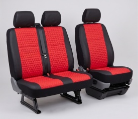 Set huse auto pentru scaune compatibile VW Transporter T5 2004-2014 2+1 locuri, material piele ecologica negru cu rosu - Img 2