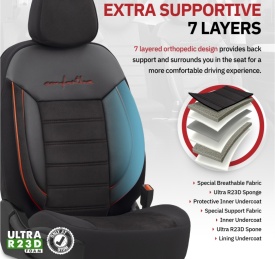 Set huse auto scaune universale Otom Luxury, Comfort Line material textil cu piele ecologica, culoare negru cu cusaturi rosii - Img 9