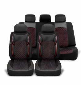 Set huse scaune auto compatibil Audi A4 B8 2008-2015, fata-spate, Piele ecologica cu velur, Negru cusatura rosie - Img 3