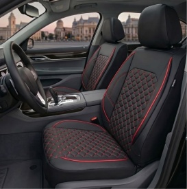 Set huse scaune auto compatibil BMW seria 3 E90 2005-2012, fata-spate, piele ecologica negru cu cusatura rosie - Img 2