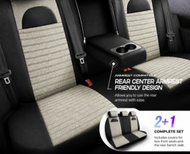 Set huse scaune auto compatibil Dacia Logan II 2012-2020, fata-spate, piele ecologica cu textil, cu tetiera integrata, negru cu alb fildes - Img 4
