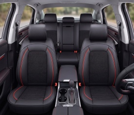Set huse scaune auto compatibil FORD FOCUS II 2004-2011, fata-spate, piele cu textil, negru cu dunga rosie