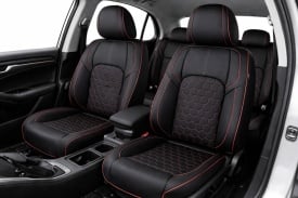 Set huse scaune auto compatibil Hyundai Kona 2017->, scaune standard, fata-spate, piele ecologica negru cu cusatura rosie - Img 2