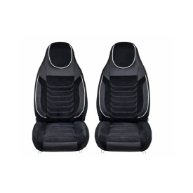 Set huse scaune auto premium universale, fata-spate, piele ecologica si alcantara, model C509, culoare negru cu cusatura alba - Img 3