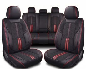 Set huse scaune auto premium universale, fata-spate, piele ecologica si material textil pe mijloc, culoare negru cu rosu si dunga rosie