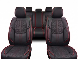 Set huse scaune auto premium universale, fata-spate, piele ecologica, culoare negru cu dunga rosie