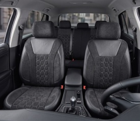 Set huse scaune auto universale de lux, fata-spate, piele ecologica si alcantara, culoare negru cu gri