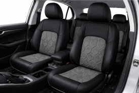 Set huse scaune auto universale de lux, fata-spate, piele ecologica si alcantara, model hexagon, culoare negru cu gri