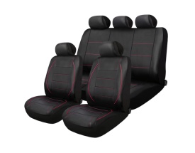 Set huse scaune auto universale de lux, fata-spate, piele ecologica, culoare negru cu dungi si cusaturi rosii - Img 4