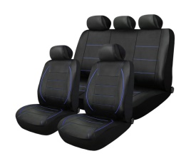Set huse scaune auto universale de lux, fata-spate, piele ecologica, culoare negru cu dungi si cusaturi albastre - Img 2