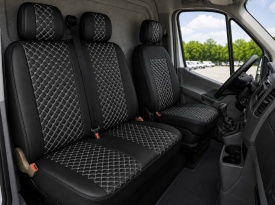 Set huse scaune auto, universale, fata 2+1, material piele ecologica, culoare negru cu cusaturi albe, model romb