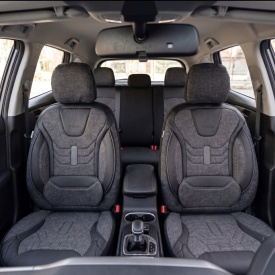 Set huse scaune auto universale seria KETEN, material textil negru si piele ecologica neagra, fata-spate, compatibil airbag