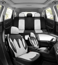 Set huse scaune auto universale seria SIDNEY, material textil gri si piele ecologica neagra, fata-spate, compatibil airbag