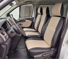 Set huse scaune autoutilitara 2+1 pentru fata culoare negru cu crem, piele ecologica compatibil cu Renault Trafic 2014-2019 VAN